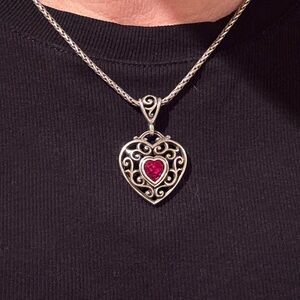 Brighton Silver Color Red Stone Heart Pendant Necklace 16-18” adjustable